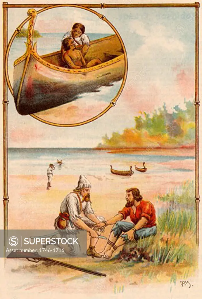 18Th Century, Adults Only, Art, Beard, Boat, Cannibal, Characters, Coastline, Color Image, Daniel Defoe, Day, Five People, Friday, Friday's Father, Full Length, History, Illustration, Illustration And Painting, Island, Kneeling, Men, Mode Of Transport, Nature, Nautical Vessel, Only Men, Outdoors, Pa