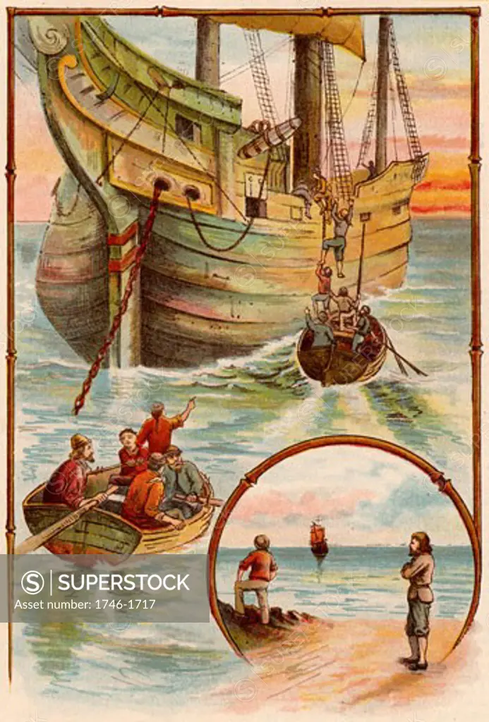 18Th Century, Adults Only, Art, Characters, Cloud, Color Image, Courage, Daniel Defoe, Day, English Ship, Group Of People, History, Illustration, Illustration And Painting, Literature, Men, Mode Of Transport, Mutineer, Nature, Nautical Vessel, Only Men, Outdoors, Painted Image, Paintings, Past, Prot