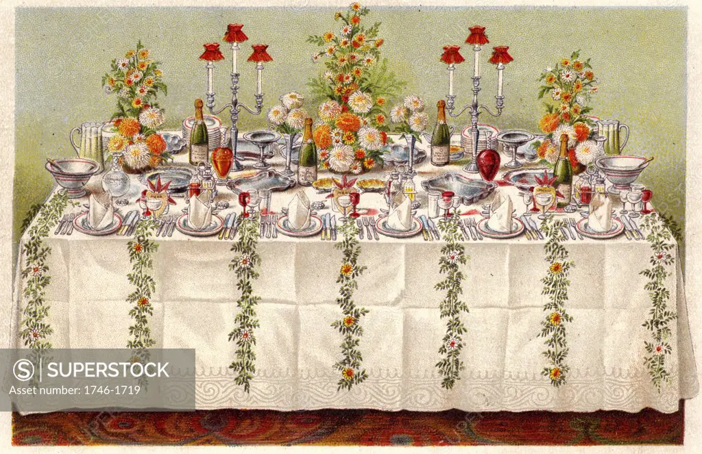 Table covered with a linen cloth and set for a buffet for ball or an evening party From "Household Management" by Isabella Beeton (London, 1906) Oleograph