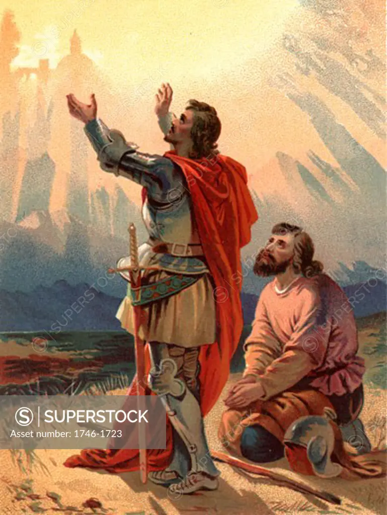 Christian, the pilgrim of the title, kneels in wonderment as he and his companion arrive within sight of the Holy City. Illustration by Henry Courtney Selous (1803-1890) for an 1844 edition of The Pilgrim's Progress by John Bunyan
