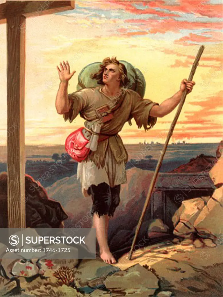 Christian, the pilgrim of the title, in sight of the Cross. Illustration by Henry Courtney Selous (1803-1890) for an 1844 edition of The Pilgrim's Progress by John Bunyan, originally published in 1678. Chromolithograph.,