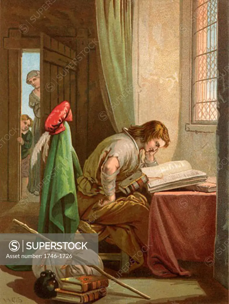 Christian Weeps and Prays. Christian, the pilgrim of the title, reading his bible. Beside him are his pilgrim's pack, his staff, and pilgrim's flask. Illustration by Henry Courtney Selous (1803-1890) for an 1844 edition of The Pilgrim's Progress