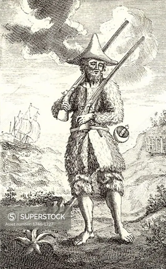 18Th Century, Adult, Art, Barefoot, Beard, Black And White, Carrying, Characters, Daniel Defoe, Day, Front View, Frontispiece, Full Length, Goatskin, Hat, Hero, History, Illustration, Illustration And Painting, Island, Literature, Mode Of Transport, Nature, Nautical Vessel, One Man Only, One Person,