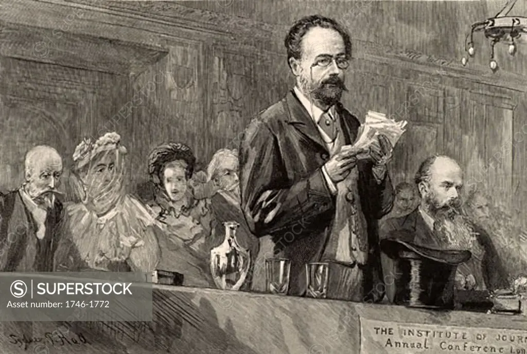 Emile Zola (1840-1902) French journalist and novelist of the Naturalistic school, addressing the conference of the Institute of Journalists in London, 1893. The title of the paper he gave was 'L'Anonymat dans la Presse' (Anonymity in Journalism). Engraving