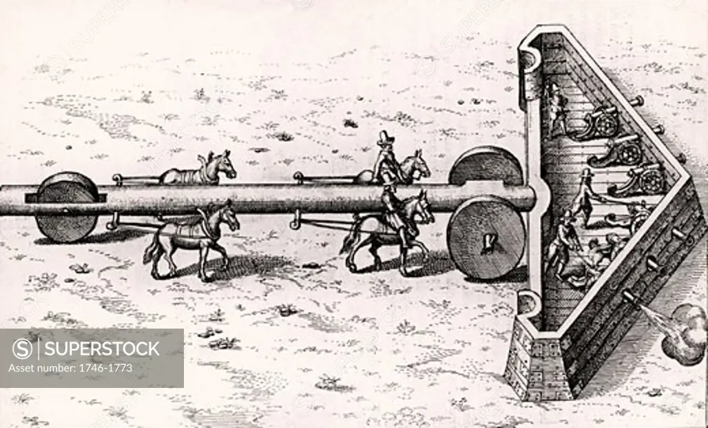 Proposed method of moving artillery battery towards the enemy while giving some protection to the guns and gunners, From Utriusque cosmi...historia, by Robert Fludd (Oppenheim, 1617-1619), Engraving
