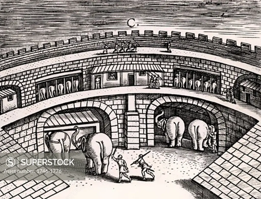 Roman army stables with elephants at ground level, with horses on the upper level, From Poliorceticon sive de machinis tormentis telis by Justus Lipsius (Antwerp, 1605)Copperplate engraving