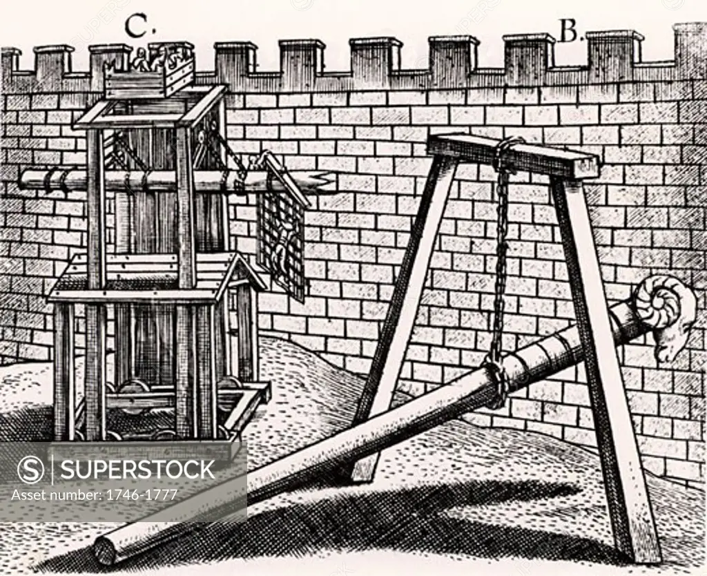 Roman soldiers using two forms of battering ram against the walls of a fortress, B is hung on a chain hanging from a frame, so enabling the men to concentrate their strength on thrusting the battering ram forward, From Poliorceticon sive de machinis tormentis telis by Justus Lipsius (Antwerp, 1605),