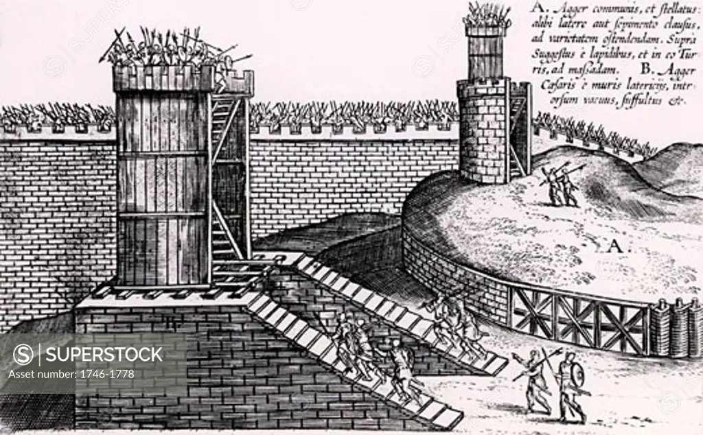Roman siege towers positioned to give attackers the advantage of height above the city walls, From Poliorceticon sive de machinis tormentis telis by Justus Lipsius (Antwerp, 1605), Engraving