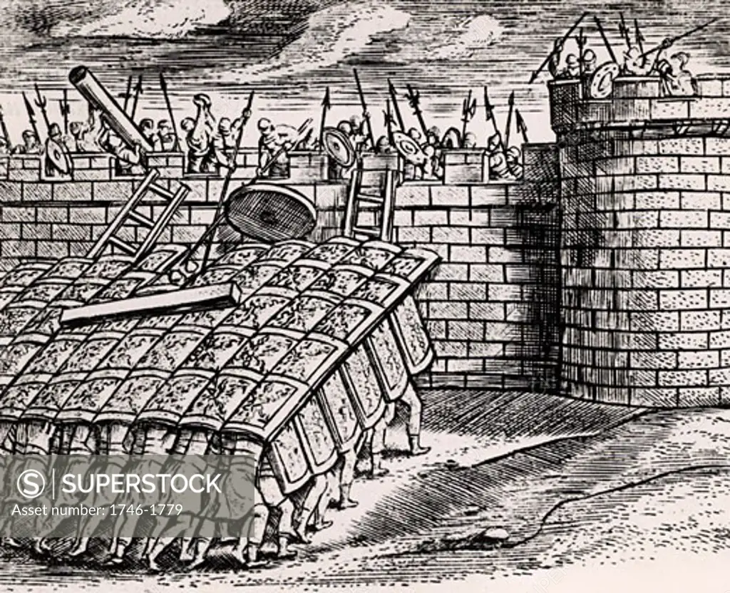 Roman soldiers forming a 'tortoise' with their shields, thus enabling them to approach the walls of a besieged city, From Poliorceticon sive de machinis tormentis telis by Justus Lipsius (Antwerp, 1605), Engraving