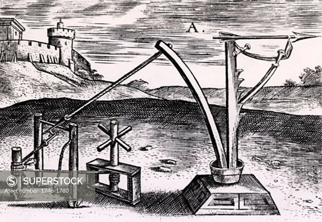 Reconstruction of a Roman machine for shooting arrows wound up ready for the missile to be released, From Poliorceticon sive de machinis tormentis telis by Justus Lipsius (Antwerp, 1605), Engraving