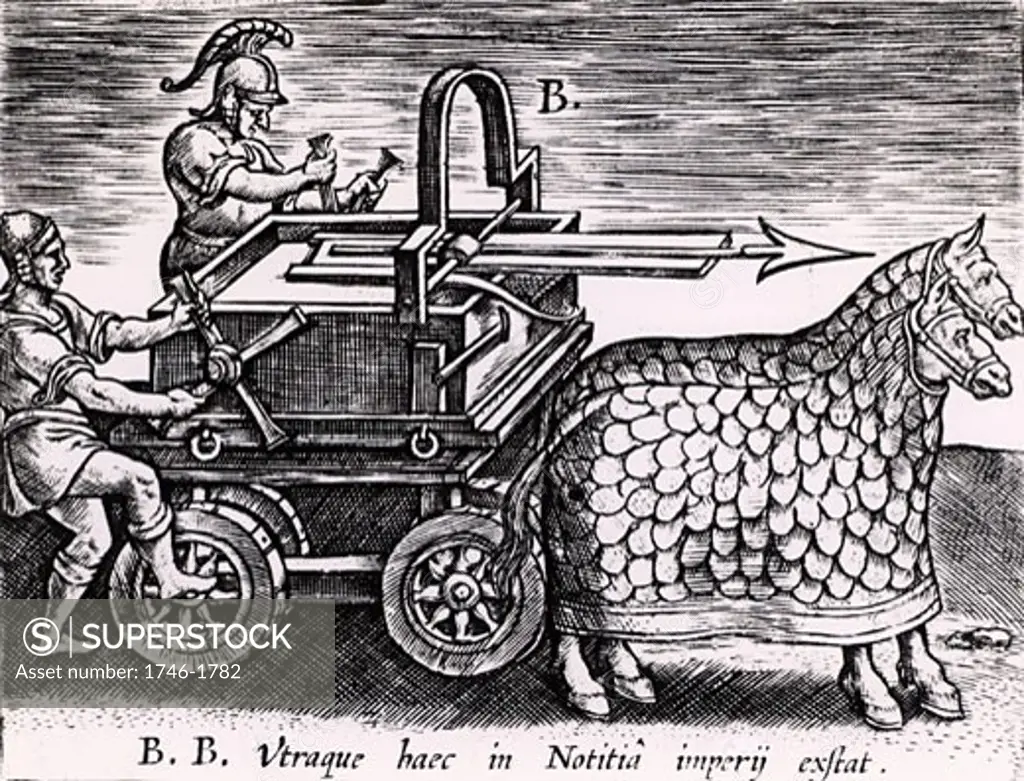 Roman machine for firing arrows mounted on a carriage drawn by two mailed horses, From Poliorceticon sive de machinis tormentis telis by Justus Lipsius (Antwerp, 1605), Engraving