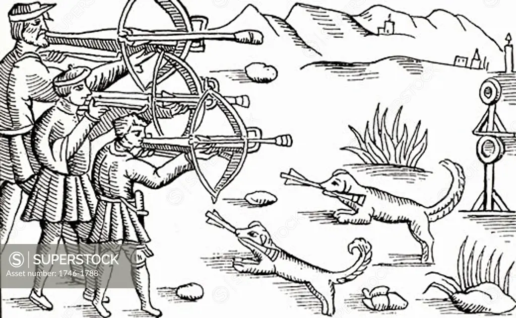 Shooting crossbows at the butts From "History of the Northern People" by Olaus Magnus Woodcut