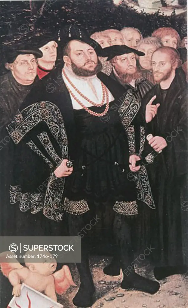 Martin Luther (left) with Johannes Oecolampadius, John Frederick the Magnanimous, Huldrych Zwingli and Philipp Melanchthon. After picture by Luther Cranch (Lucas Cranach ) c. 1530