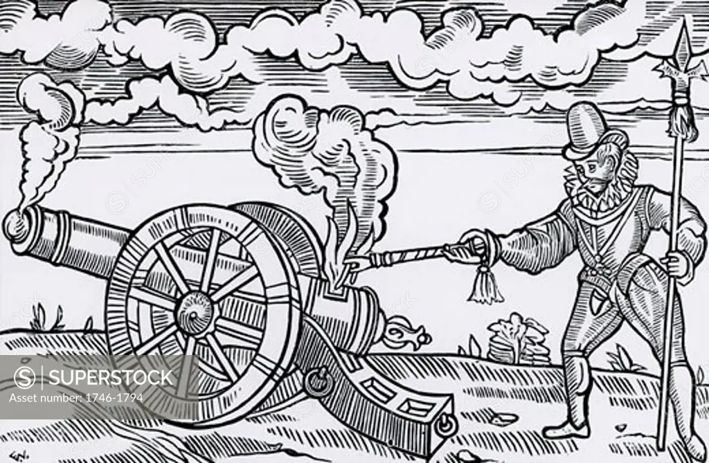 Master gunner firing a cannon by applying fire to the breech. Woodcut from Tavels by Edward Webbe (London, 1590)