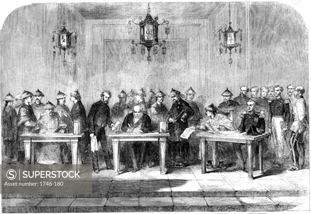 Lord Elgin signing the Treaty of Tainjin ending the Second Opium War, June 16, 1858, Contemporary Woodcut