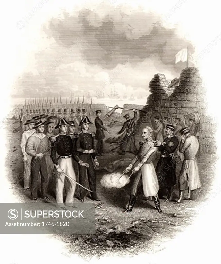 The Russian governor of Kinburn Fortress guarding the Dnieper estuary surrendering to the Allies (Britain, France and Turkey) after the bombardment of the fortress on October 17, 1855, Crimean War (1853-1856), Engraving c1860
