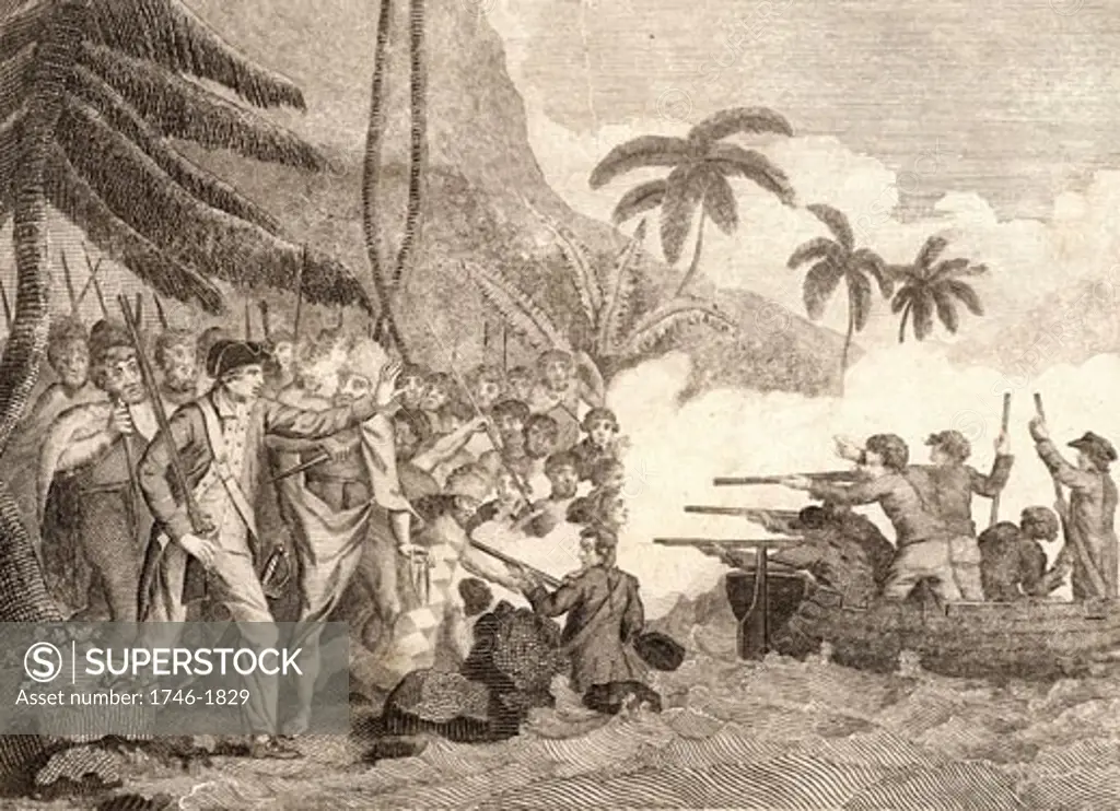 James Cook (1728-1779) English navigator, hydrographer and explorer stabbed to death by Hawaiian natives while investigating the theft of a boat, 14 February 1779. Engraving from Captain Cook's Original Voyages Round the World (Woodbridge, c1815).