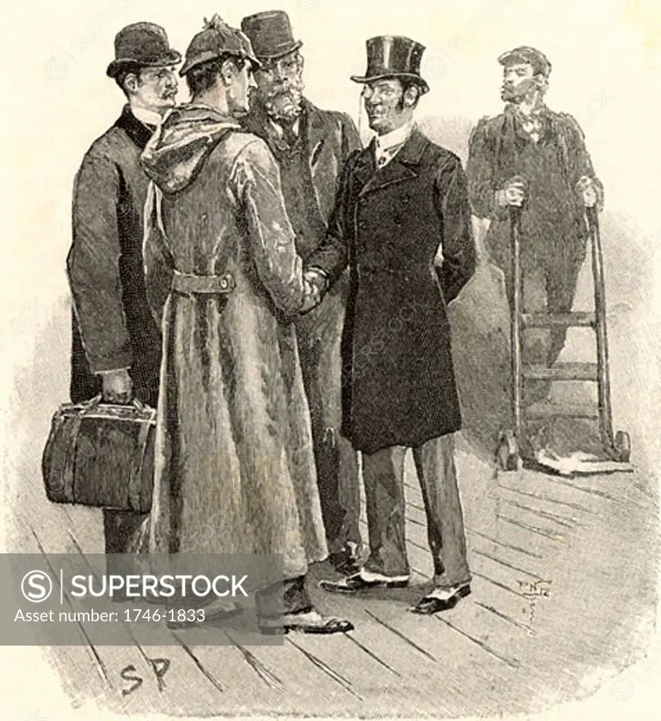 Dr Watson and Sherlock Holmes being greeted at Tavistock railway station by Inspector Gregory and Colonel Ross, owner of the missing racehorse Silver Blaze From "The Adventure of Silver Blaze" By Sir Arthur Conan Doyle, Published in Strand Magazine in 1892 Sidney Paget (1860-1908 English)