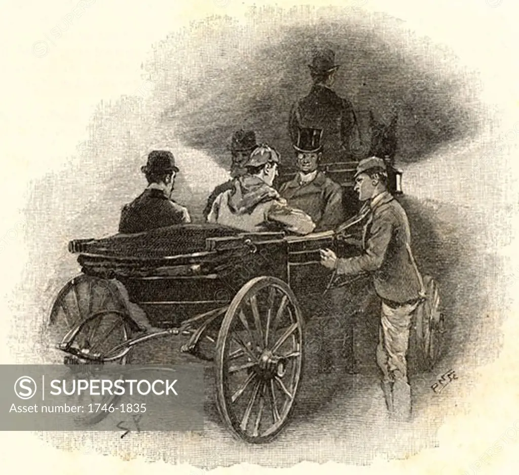 Holmes questioning a stable lad and finding a clue that leads him to the murderer of Straker the trainer From "The Adventure of Silver Blaze" By Sir Arthur Conan Doyle, Published in Strand Magazine in 1892 Sidney Paget (1860-1908 English)