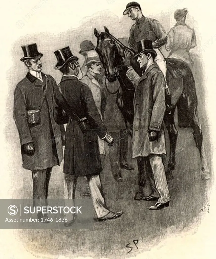 Sherlock Holmes revealing the murderer of the trainer, John Straker From "The Adventure of Silver Blaze" By Sir Arthur Conan Doyle, Published in Strand Magazine in 1892 Sidney Paget (1860-1908 English)