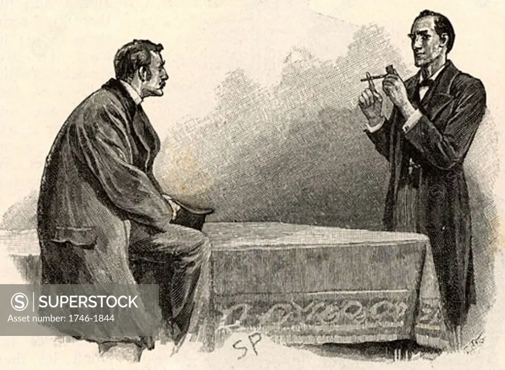 Holmes explaining to Watson what he has deduced from the pipe left behind by a visitor From "The Adventure of the Yellow Face" By Sir Arthur Conan Doyle, Published in Strand Magazine in 1893 Sidney Paget (1860-1908 English)