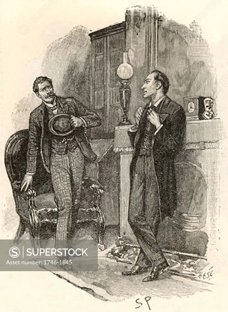A visitor to Holmes springing up in alarm that the detective should know his name From "The Adventure of the Yellow Face" By Sir Arthur Conan Doyle, Published in Strand Magazine in 1893 Sidney Paget (1860-1908 English)