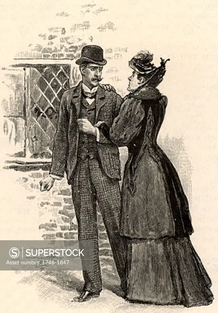 Effie Munro pleading with her husband to trust her in spite of her suspicious behavior From "The Adventure of the Yellow Face" By Sir Arthur Conan Doyle, Published in Strand Magazine in 1893 Sidney Paget (1860-1908 English)