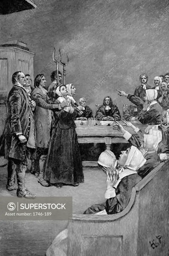 The Trial of a Witch Illustration for the play "Giles Corey, Yeoman" by Mary E. Wilkins Wood engraving, 1892