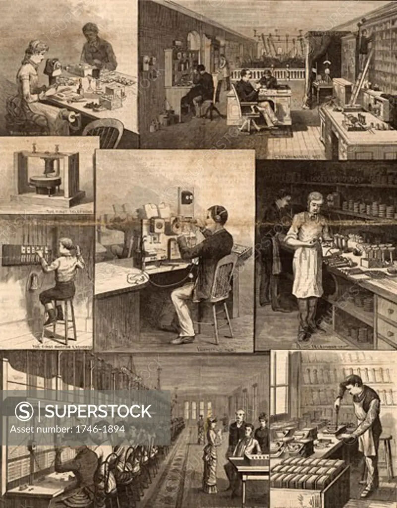 Bell Telephone Company, America.  Top left: Winding and inspecting coils. Top right: Experimental deparment. Centre right: First Bell telephone and First Boston telephone exchange with 5 lines (1877). Centre: Inspecting department.  Centre Right: Hand telephone department.  Bottom Left:  Boston Telephone Exchange, 1884.  Bottom Right:  Assembling Transmitters. Engraving from Scientific American (September 20, 1884)