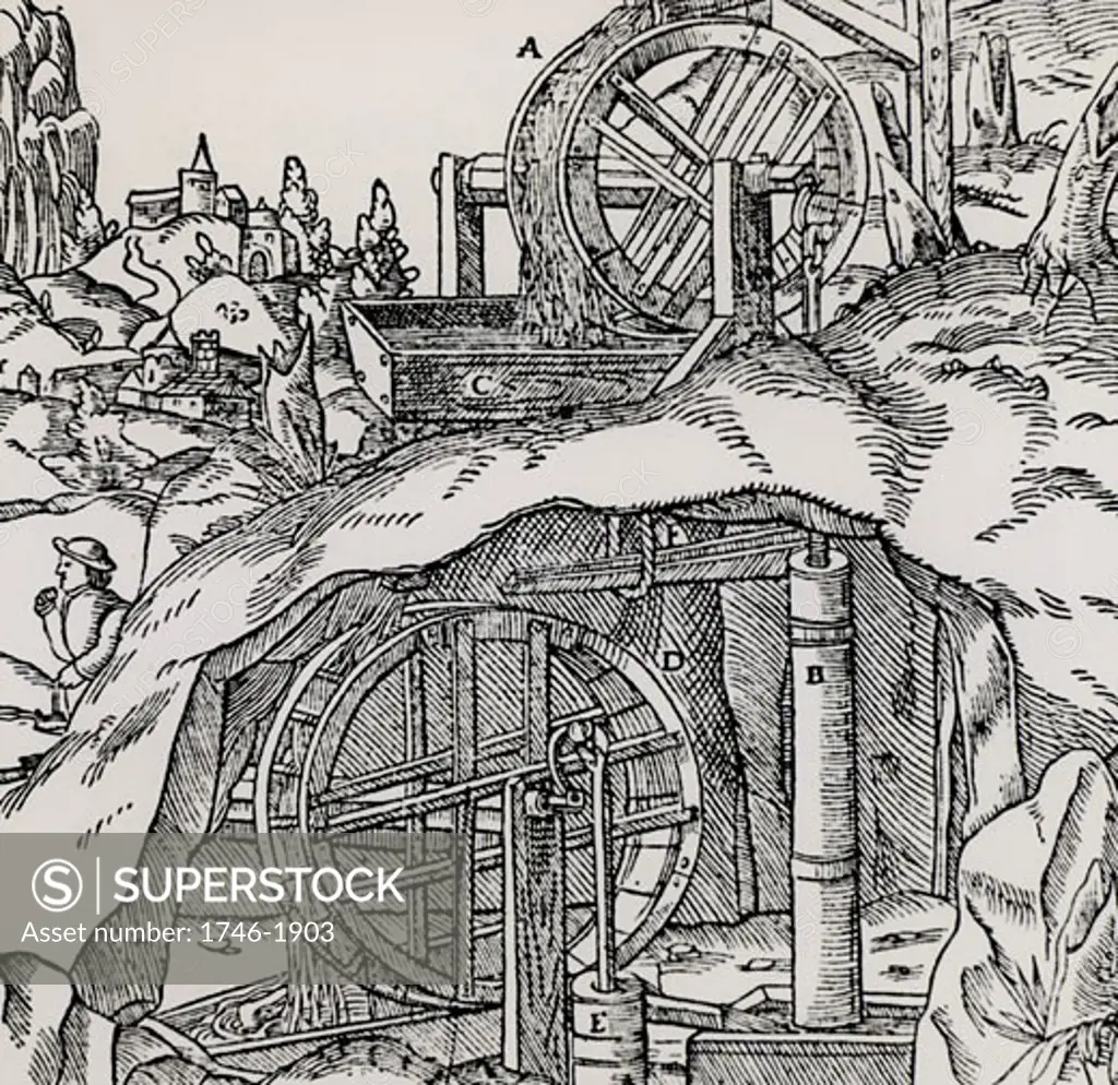 Raising water from a mine using two sets of overshot water wheels and suction pumps.  From De re metallica, by Agricola, pseudonym of Georg Bauer (Basle, 1556).  Woodcut.