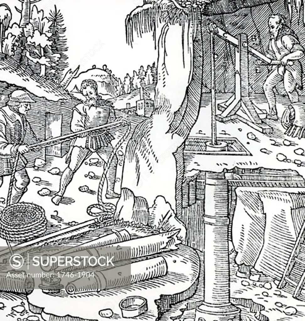 Draining a mine by means of a suction pump.  The man in the top right of the picture is operating the piston of the pump by raising and lowering the opposite end of the beam to which the piston rod is attached. From De re metallica, by Agricola, pseudonym of Georg Bauer (Basle, 1556) Woodcut