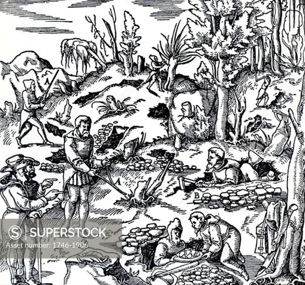 Prospecting for metals using divining rods (A,A) and trenching (B). Divining rods were used in exactly the same manner for water divining (dowsing).   From De re metallica, by Agricola, pseudonym of Georg Bauer (Basle, 1556).  Woodcut