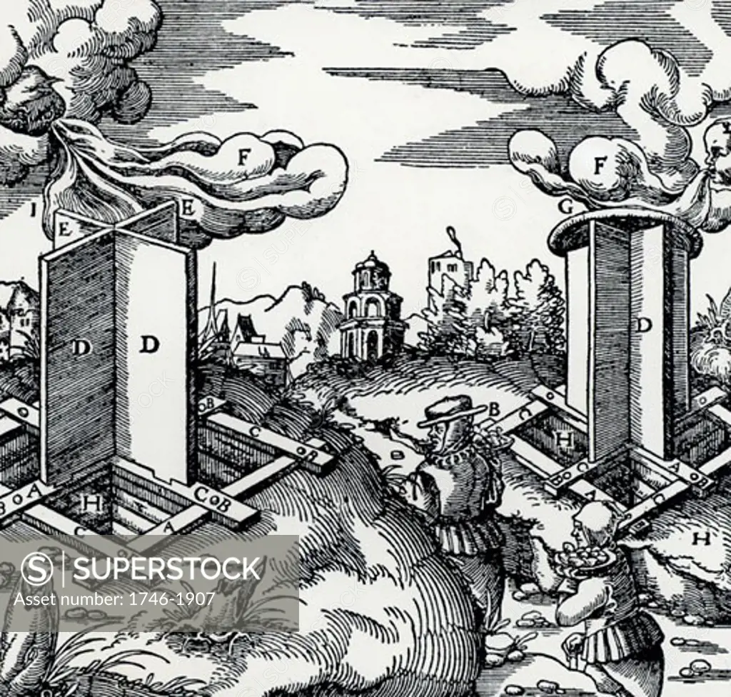 Revolving wooden wind vanes fitted to the top of mine ventilation shafts.  When they revolved they acted as extractor fans sucking stale air from the mine.   From De re metallica, by Agricola, pseudonym of Georg Bauer (Basle, 1556).  Woodcut