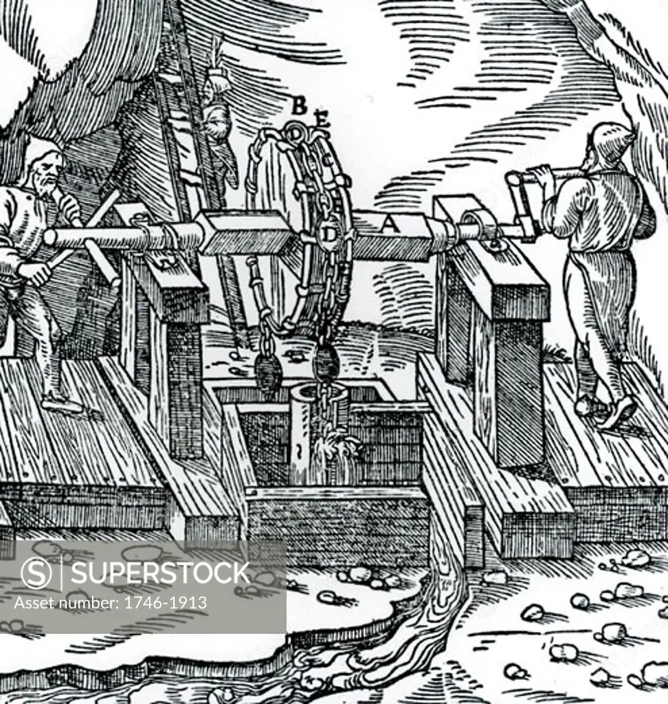 Rag-and-chain pump being used to raise water from a mine.   From De re metallica, by Agricola, pseudonym of Georg Bauer (Basle, 1556).  Woodcut