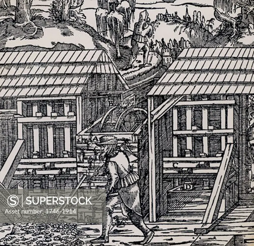 Stamping mills powered by and overshot water wheel being used to crush ore to begin the process of extracting metal from the ore won from a mine.   From De re metallica, by Agricola, pseudonym of Georg Bauer (Basle, 1556).  Woodcut