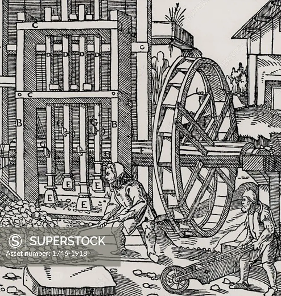 Overshot water wheel turning the cam-shaft of a stamping mill  being used to turn the crush ore to begin the process of extracting metal from the ore won from a mine.  From De re metallica, by Agricola, pseudonym of Georg Bauer (Basle, 1556).  Woodcut