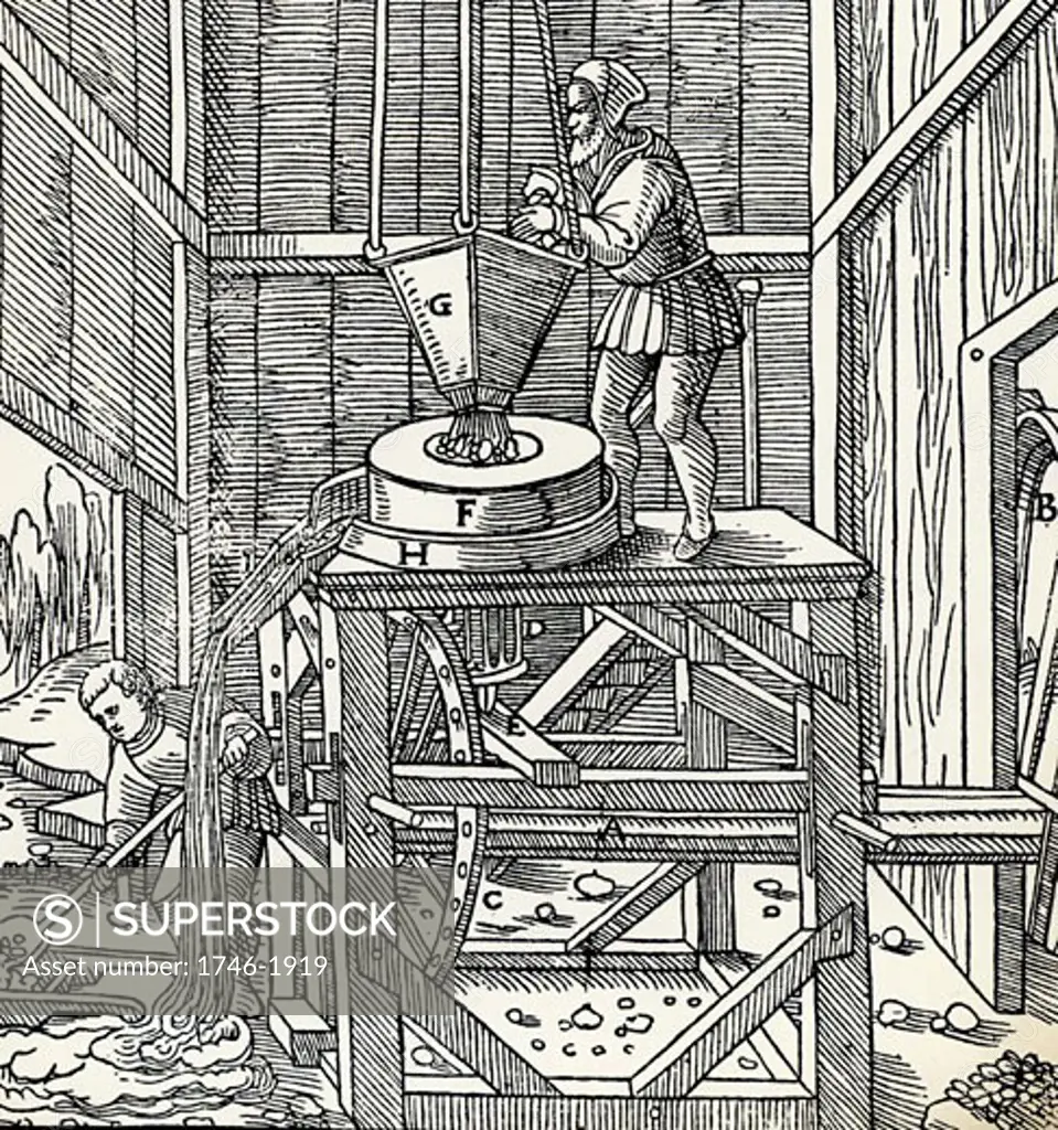 Ore which has been broken up in a stamping mill being reduced further by passing through a grinding mill.  The mill is driven by a water wheel, out of the picture to right, through axle, A.  Told and tin ore were treated in this way. From De re metallica  by Agricola, pseudonym of Georg Bauer (Basle
