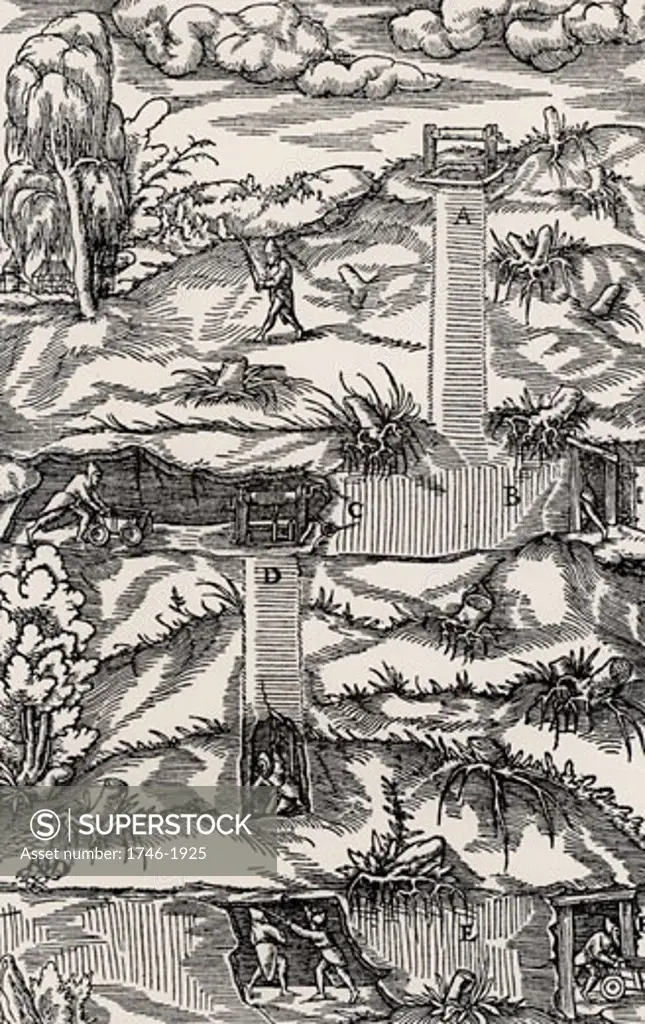 Cross-section of a mine, showing shaft and galleries at two different levels.  In the top left of the picture is prospecting for metals using divining rods (dowsing).  From De re metallica, by Agricola, pseudonym of Georg Bauer (Basle, 1556).  Woodcut.