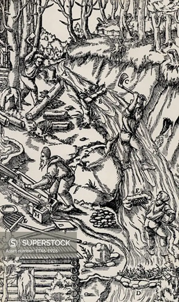 Washing for tin. After digging out a substantial amount of material, the miners would alter the course of a stream.  The flow of the water would wash away the light material, leaving behind the tin-bearing ore.  From De re metallica, by Agricola, pseudonym of Georg Bauer (Basle, 1556). Woodcut.