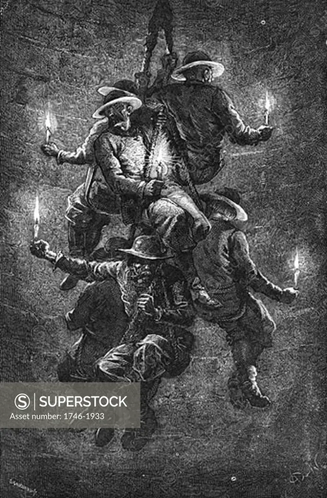 Polish miners at Wielleczka salt mine descending the shaft in a group of six each sitting in a loop of rope, with all six loops attached to a single rope. Because explosive gases are not a problem in salt mines, the miners are carrying candles with naked flames for light. From Underground Life, or, 