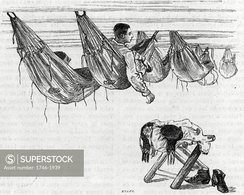 Cadets at the Ecole Navale, the French Naval Academy in their hammocks in which they slept. From Le Journal de la Jeunesse (Paris, c1870). Engraving.