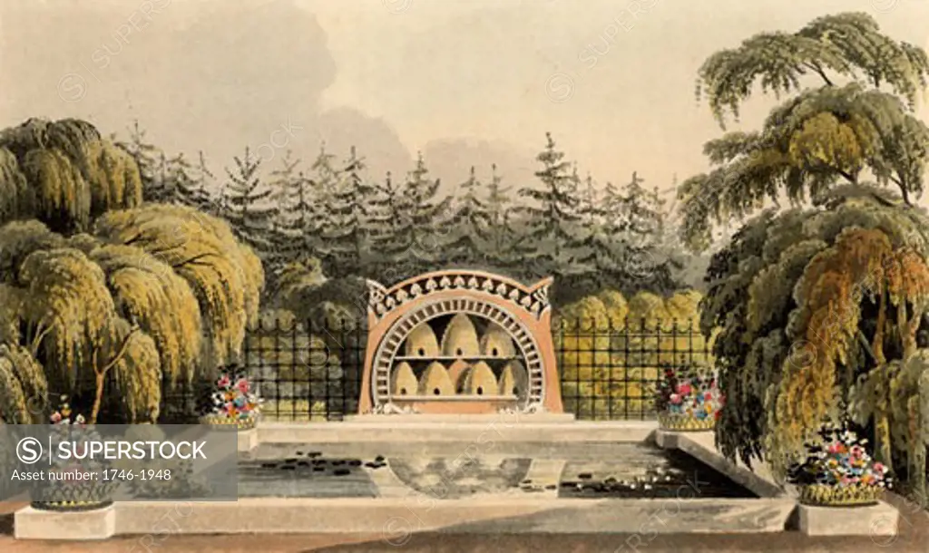 Design for garden with bee shelter with bee skeps and pool framed by trees including weeping willow (Salix babylonica). From Repository of Arts, R. Ackermann, (London, 1820).