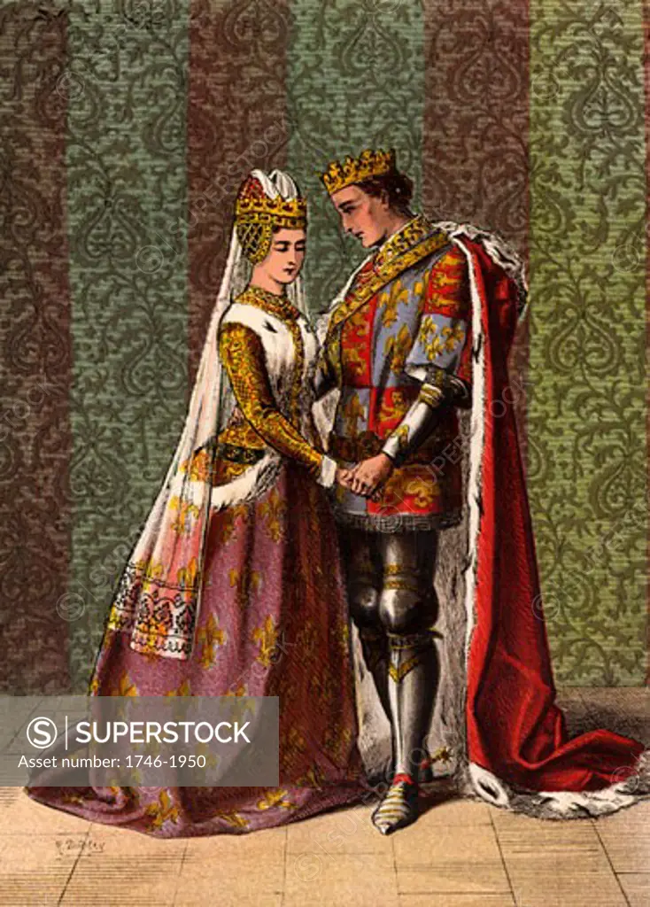 Henry V (1387-1422), king of England from 1413, courting Katherine, daughter of the French king. King Henry V Act V, Scene II. Illustration by Robert Dudley (active 1858-1893) published 1856-1858 for the historical drama King Henry V by William Shakespeare, written 1599. Henry married Catherine of V