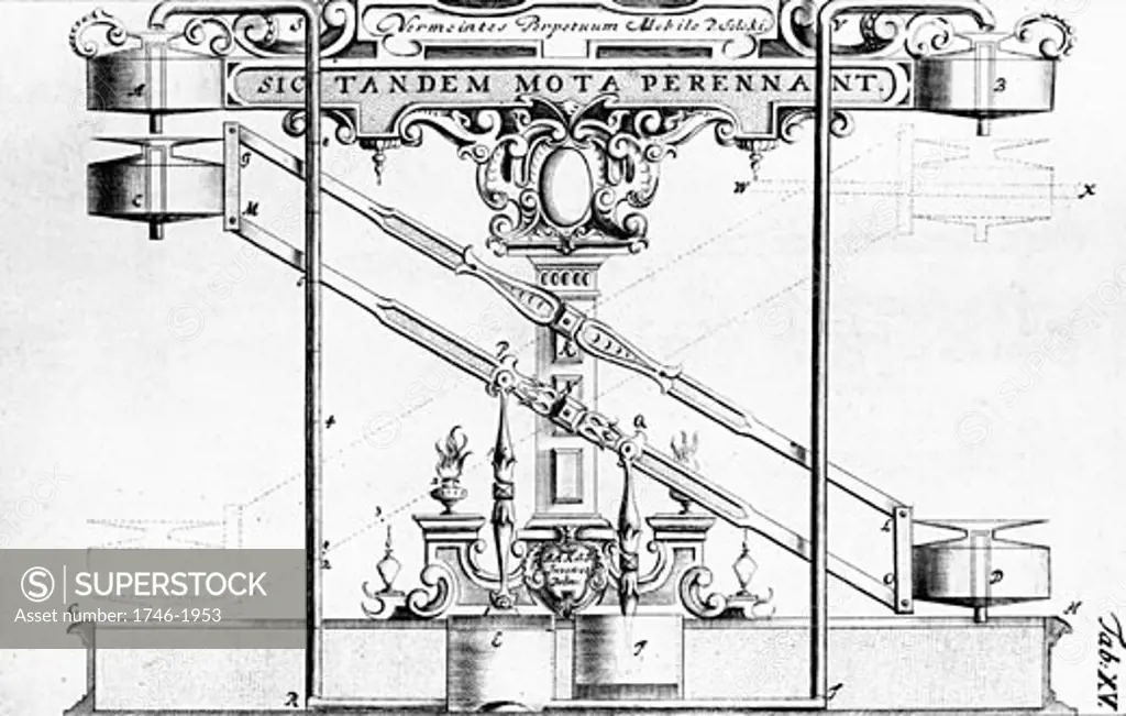 Perpetual motion machine described by the Jesuit Stanislaus Solski c1610. Water was pumped from reservoir alternately up the vertical pipes to the upper reservoirs A,B. The small reservoirs C,D were filled from them. E,F are pumps operated by the oscillation of the small reservoirs C,D. Engraving fr