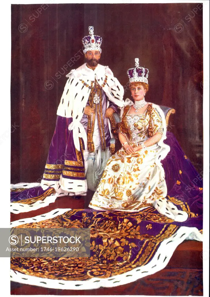 George V, King of Great Britain 1910-1936, with his consort Queen Mary, in coronation robes, 1911.