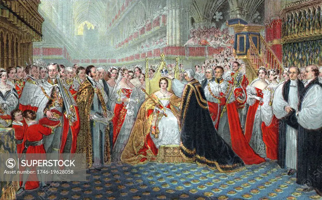 Victoria (1819-1901) queen of England from 1837 and Empress of India from 1876. Coronation in Westminster Abbey, 28 June 1837. Archbishop of Canterbury placing crown on queen's head. Oleograph