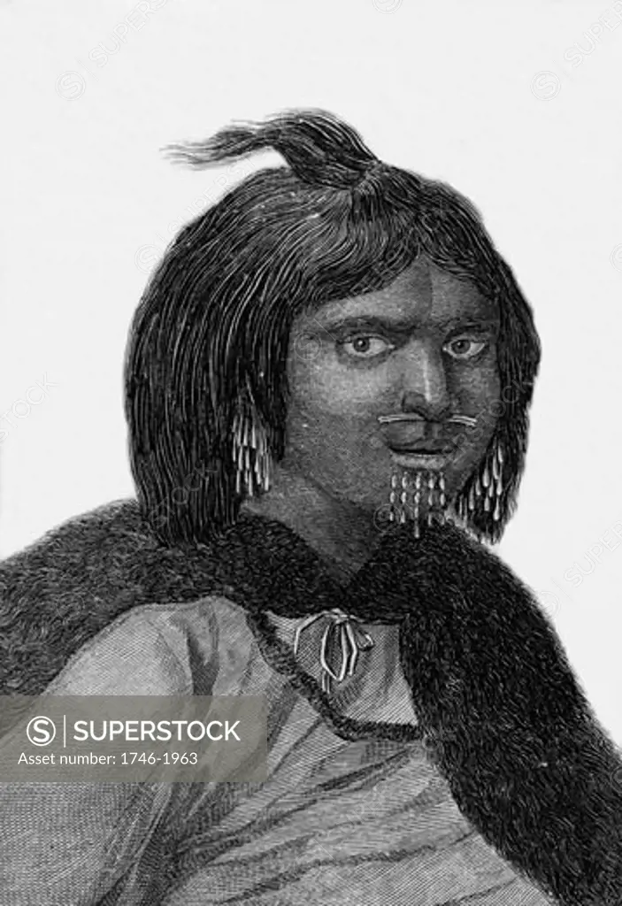 A woman from Prince William's Sound, Alaska. Engraving from Captain Cook's Original Voyages Round the World (Woodbridge, Suffolk, c1815).