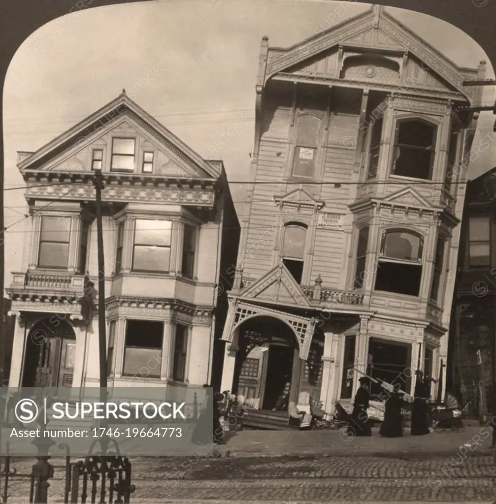 fter the earthquake - frame houses tumbled from their foundations, San Francisco Disaster, U.S.A. c1907 July 29. Medium: 1 photographic print on stereo card : stereograph. shows two Victorian houses that have fallen off of their foundations after the San Francisco earthquake in 1906.