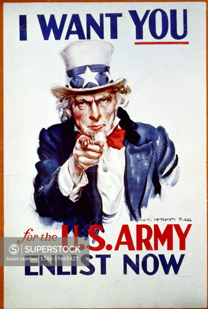 I want you for the U.S. Army 1941. (poster)I want you is above Uncle Sam, for the U.S. Army, Enlist now is below him. From painting by James Montgomery Flagg, 1877-1960.