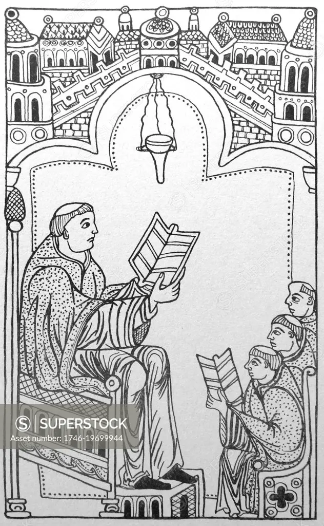 Manuscript depicting Hugh of St Victor (1096-1141) teaching. A Saxon canon regular and a leading theologian and writer on mystical theology. Dated 12th Century